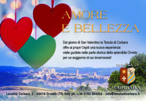 Nell'immagine appaiono due cuori rossi, simbolo della coppia, e un cuore verde simbolo dell'Umbria. Sullo sfondo si vede il panorama completo di Orvieto, visto dalla Tenuta di Corbara. The image shows the panorama of Orvieto seen from the Tenuta di Corbara with two red hearts in the foreground, symbol of the couple, and a green heart, symbol of Umbria.