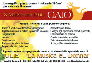 L'immagine riporta lo stemma del ristorante Il Caio, composto dalla sagoma di un cervo rampante inserito in una fascia di colore Terra di Siena che contiene il logotipo Il Caio, scritto in bianco con caratteri maiuscoli e graziati e la data 8 marzo, scritto con gli stessi caratteri, in giallo ocra. Sullo sfondo: un rametto di mimosa fiorita, sul quale sono riportati i due menu descritti anche nel testo del post.