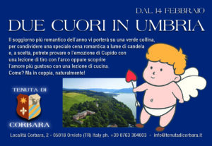 Un giovanissimo Cupido paffutello, mentre impugna la propria freccia con la punta a forma di cuore, porge la fotografia di un ampio panorama della Tenuta di Corbara dove si vedono il Castello e il lago di Corbara. A very young and chubby Cupid, holding his arrow with a heart-shaped tip, shows a photograph of a wide view of the Tenuta di Corbara where the Castle and Corbara Lake can be seen.