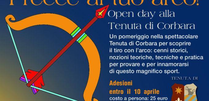 Su uno sfondo blu scuro, appare il disegno di un arco con la corda tesa da una freccia. La punta della freccia indica il titolo Frecce al tuo arco!