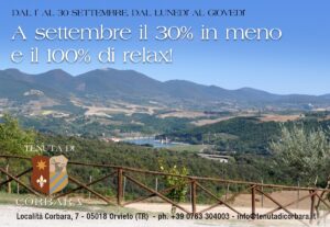 L'immagine di sfondo è il panorama dall'ampio respiro che si gode dalla Tenuta di Corbara. Oltre ai campi verdeggianti si vede il lago di Corbara e le colline all'orizzonte